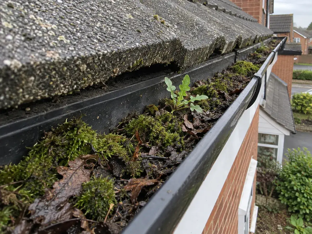 Gutter full of moss and leaves before cleaning