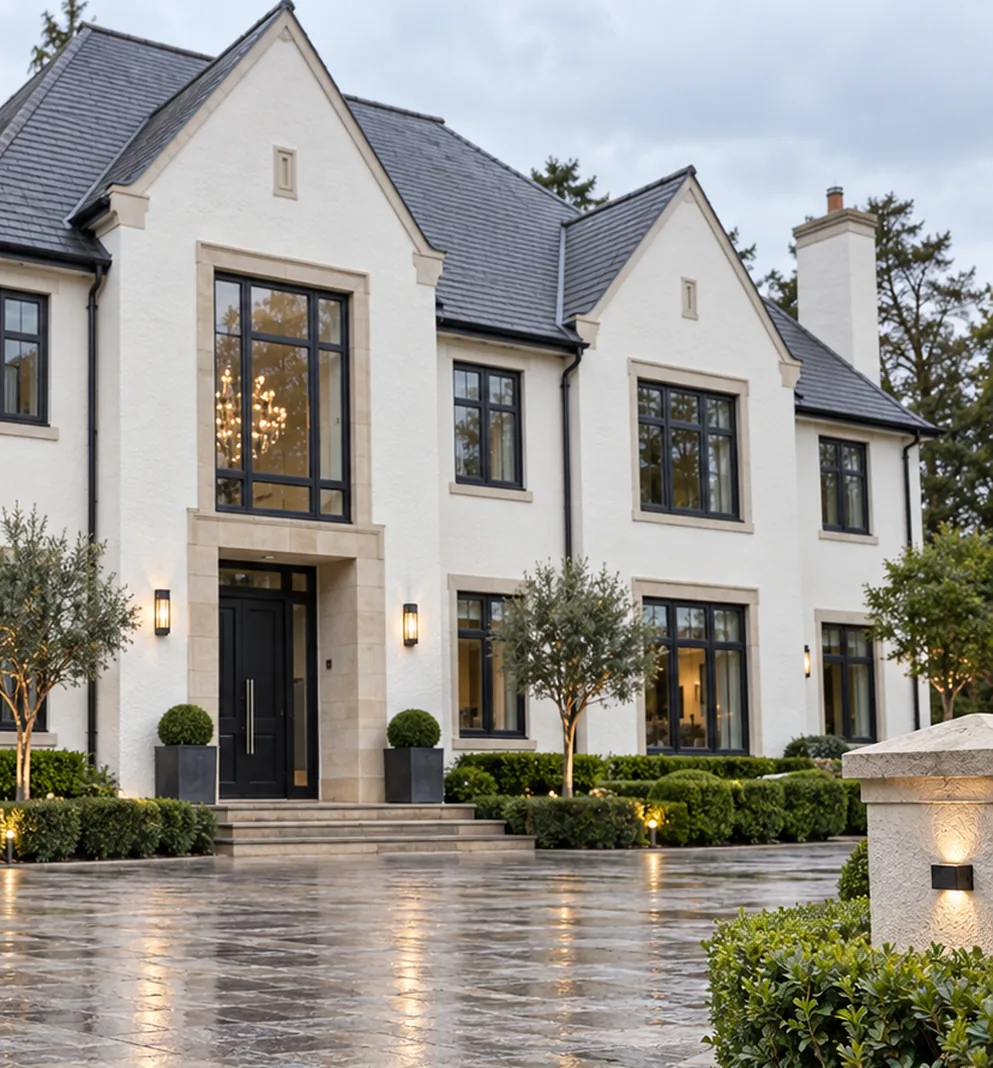 Large white rendered home with a clean facade and sandstone driveway