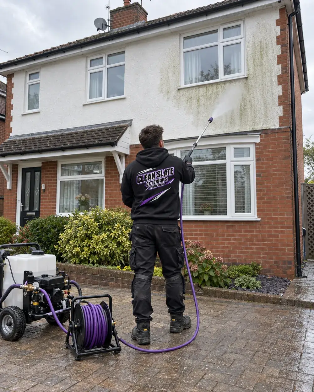 Clean Slate team member softwashing a rendered house