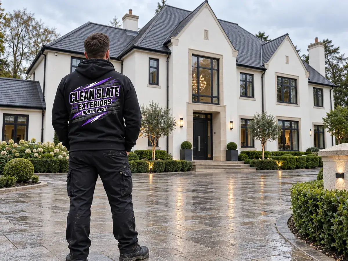 Clean Slate team member in branded workwear outside a freshly cleaned house
